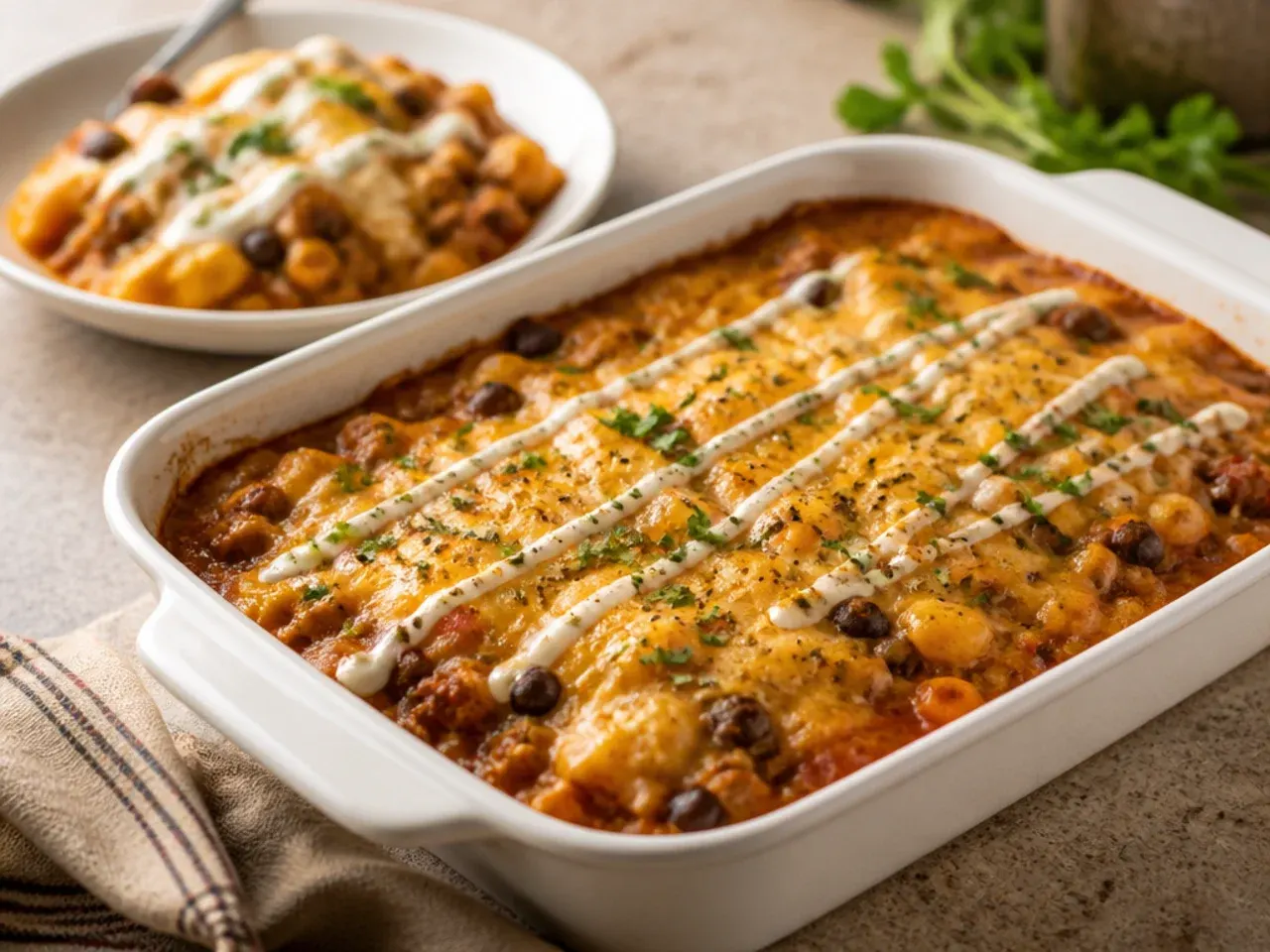 Simple five-ingredient cowboy casserole in a baking dish before going into the oven
