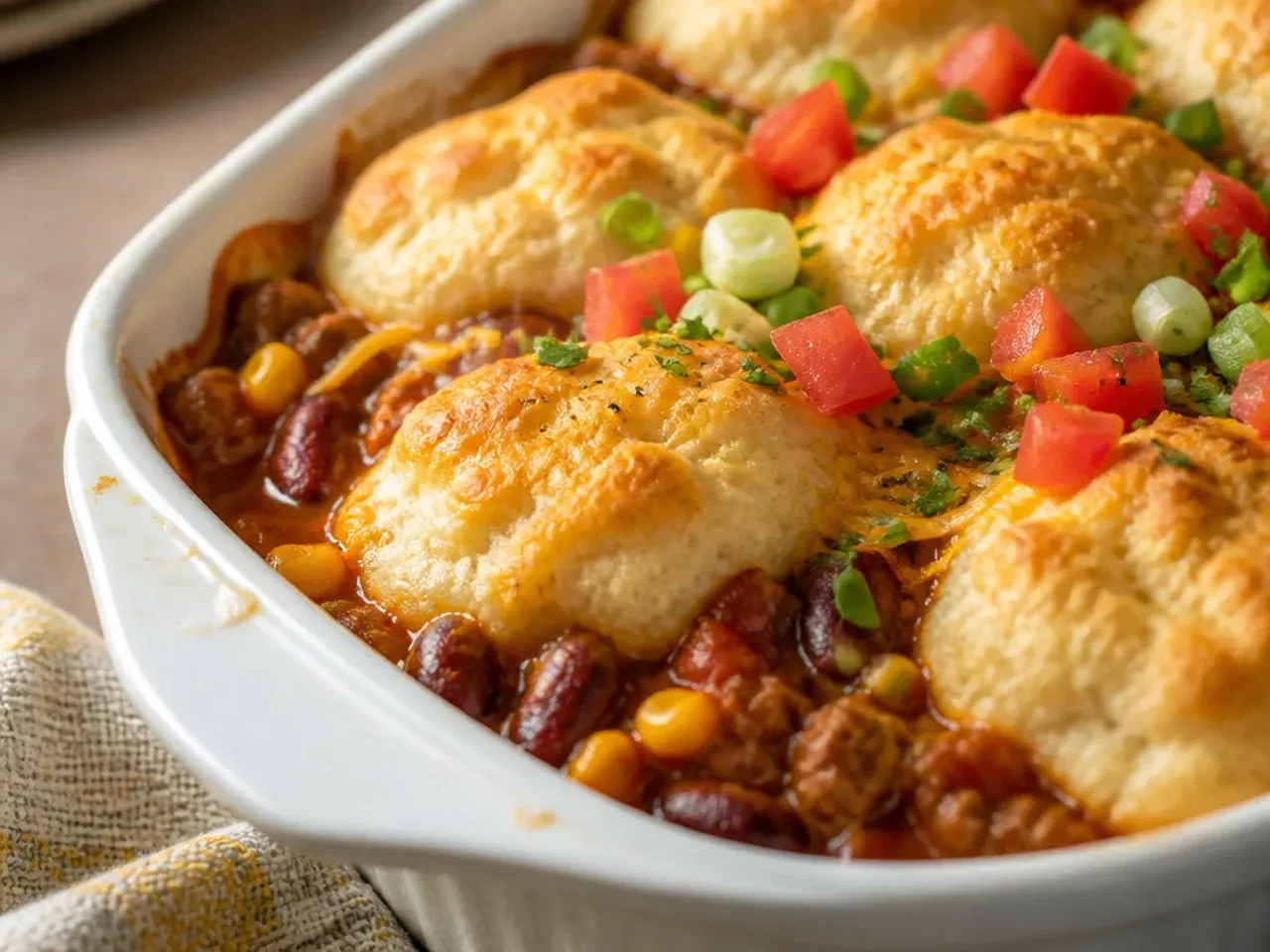 Cowboy casserole with a golden, craggy biscuit topping instead of tater tots
