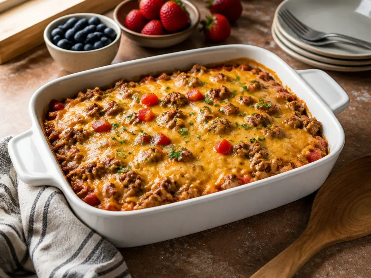 Cast iron skillet cowboy casserole with tater tots browning on top