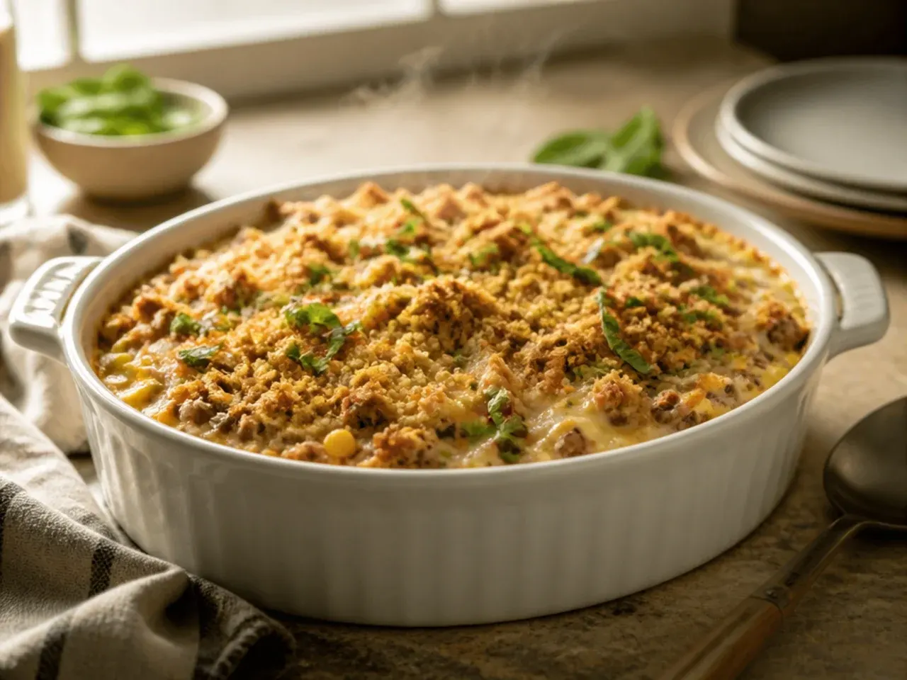 Creamy cowboy casserole filling being stirred with a wooden spoon before topping