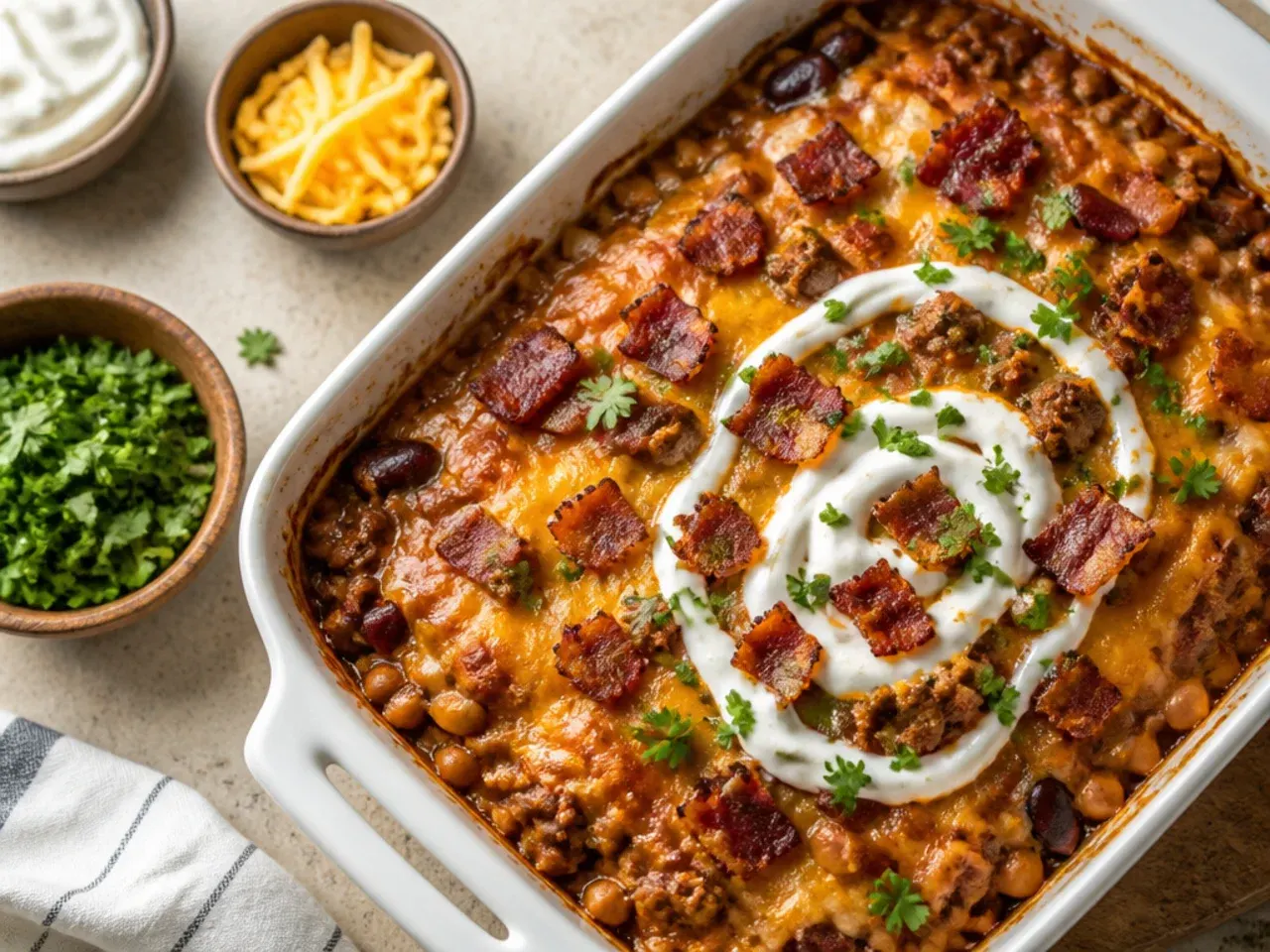 Loaded cowboy casserole topped with crumbled bacon, melted cheese and tater tots
