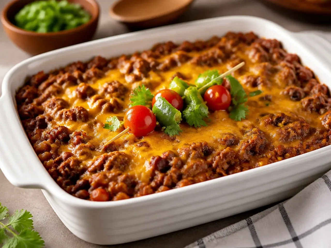 BBQ cowboy casserole with a glossy, caramelised barbecue glaze under the cheese