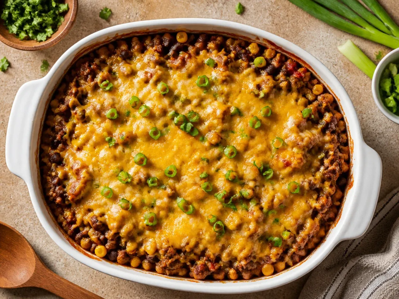 Budget cowboy casserole made with simple pantry staples in a baking dish