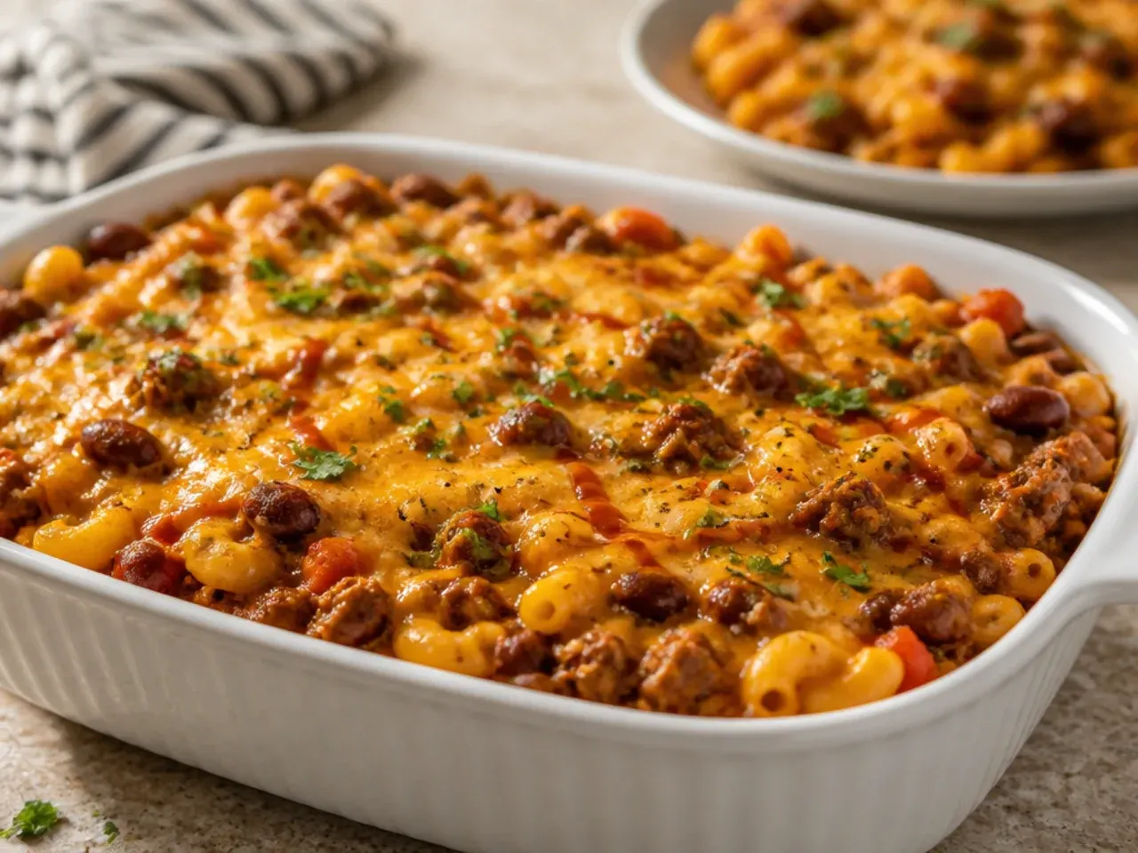 Large party-size cowboy casserole in a roasting tin, ready to serve a crowd