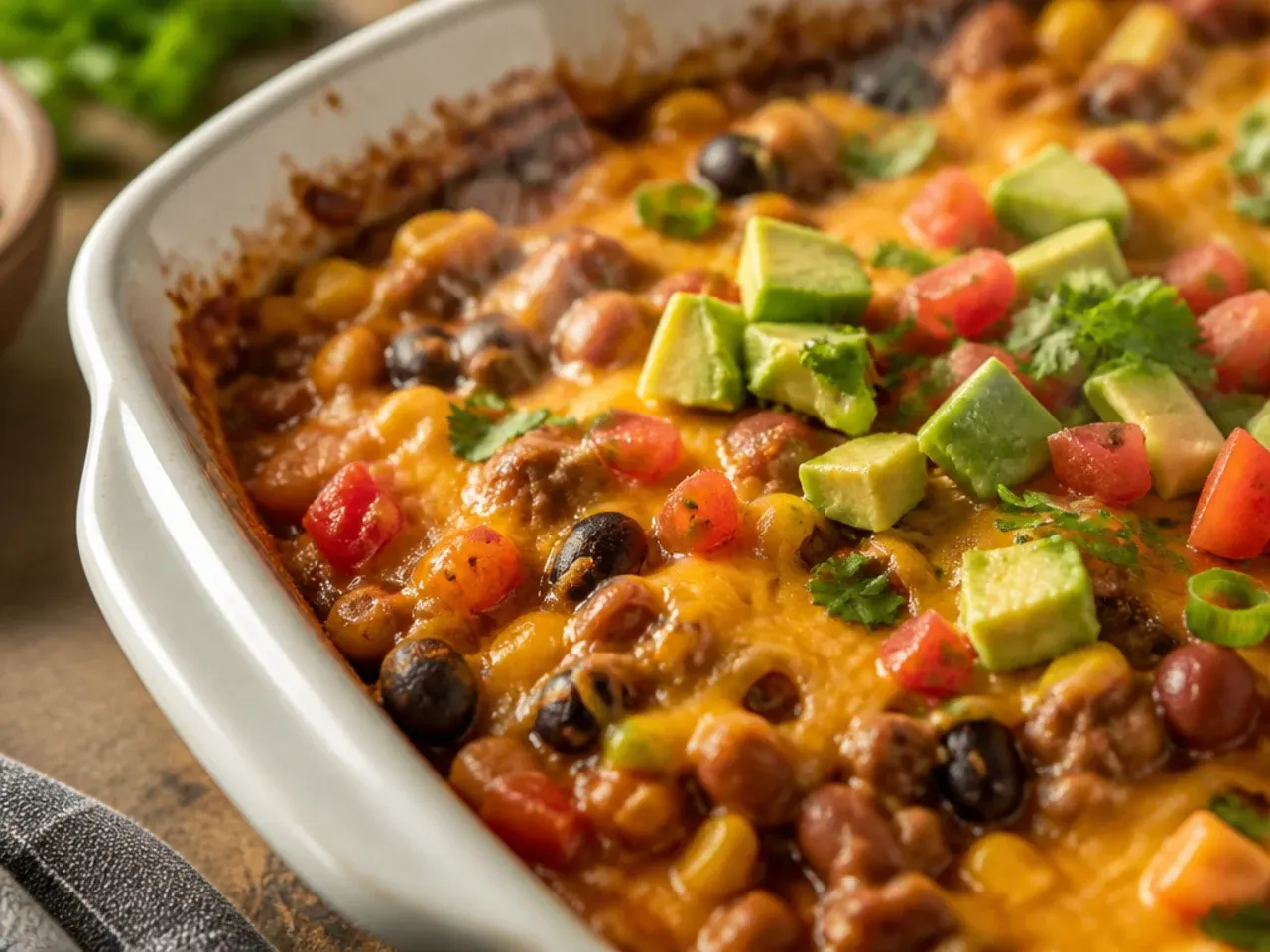 Make-ahead cowboy casserole filling in a covered dish ready for the fridge