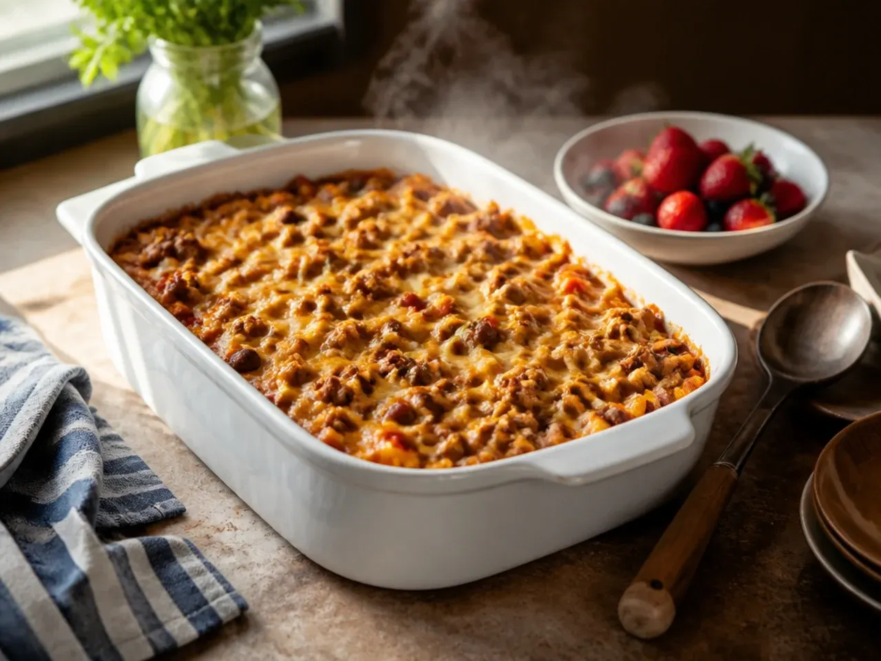 Family-friendly mild cowboy casserole served on plates for a weeknight dinner