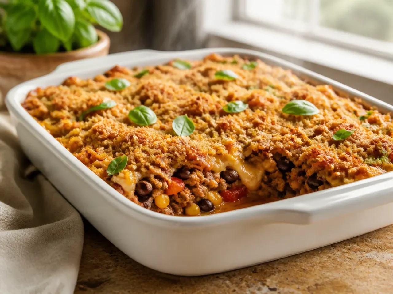Festive Tex-Mex cowboy casserole garnished with spring onion and jalapeño slices