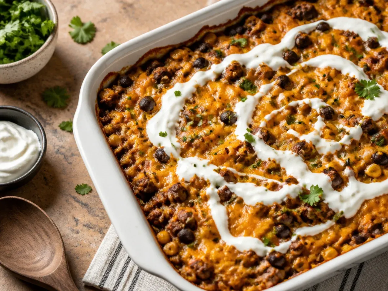 Quick cowboy casserole ready in thirty minutes with a thinner tater tot topping