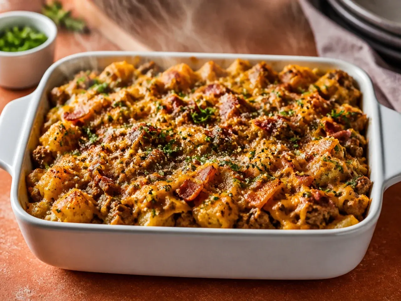 Smoky bacon ranch cowboy casserole topped with crumbled bacon and chives