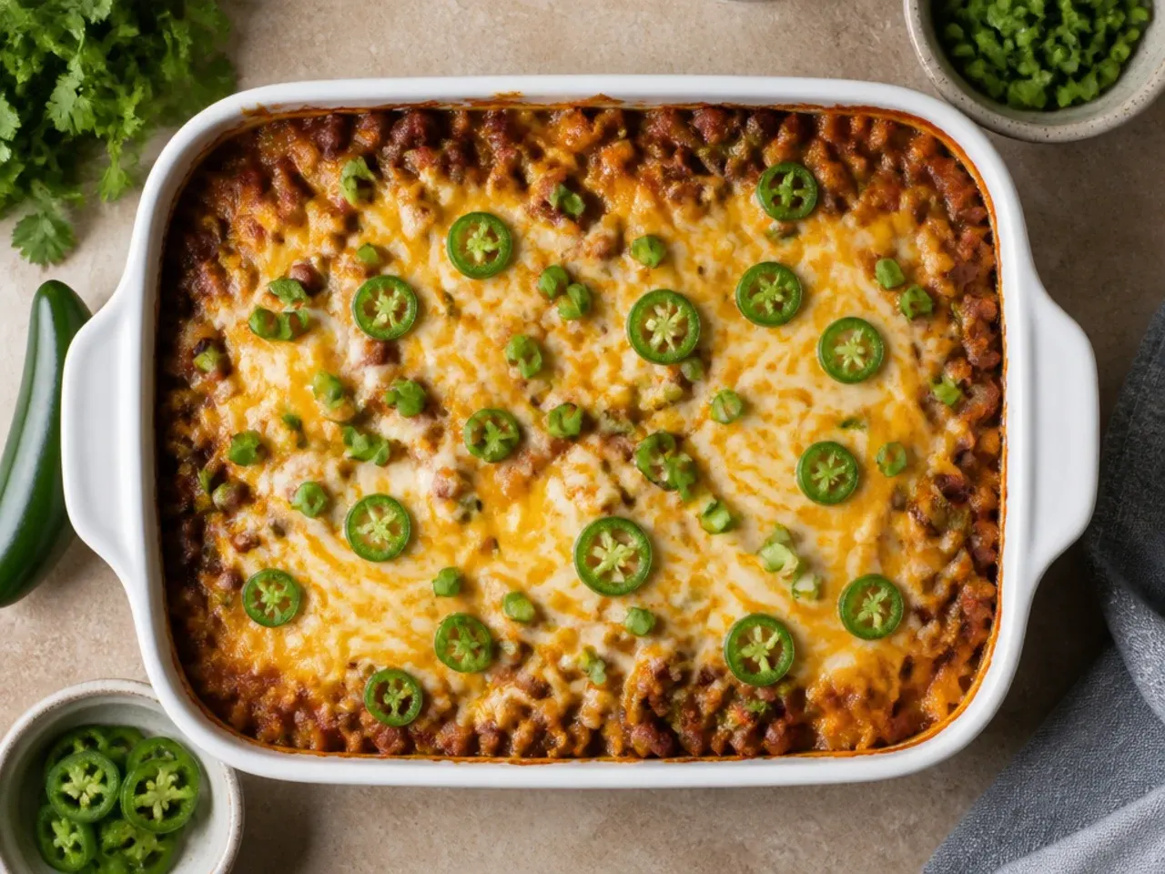 Spicy cowboy casserole topped with fresh sliced jalapeños and melted cheese