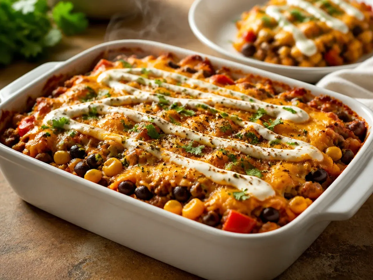 Vegetarian black bean and sweetcorn cowboy casserole in a baking dish