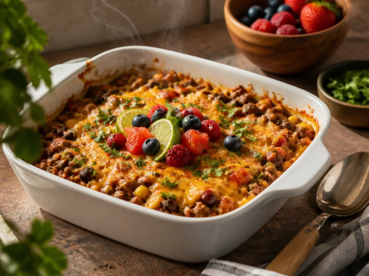 Tex-Mex taco cowboy casserole topped with shredded lettuce and diced tomato