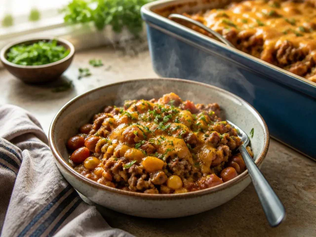 A serving of cowboy casserole plated alongside a green salad and cornbread