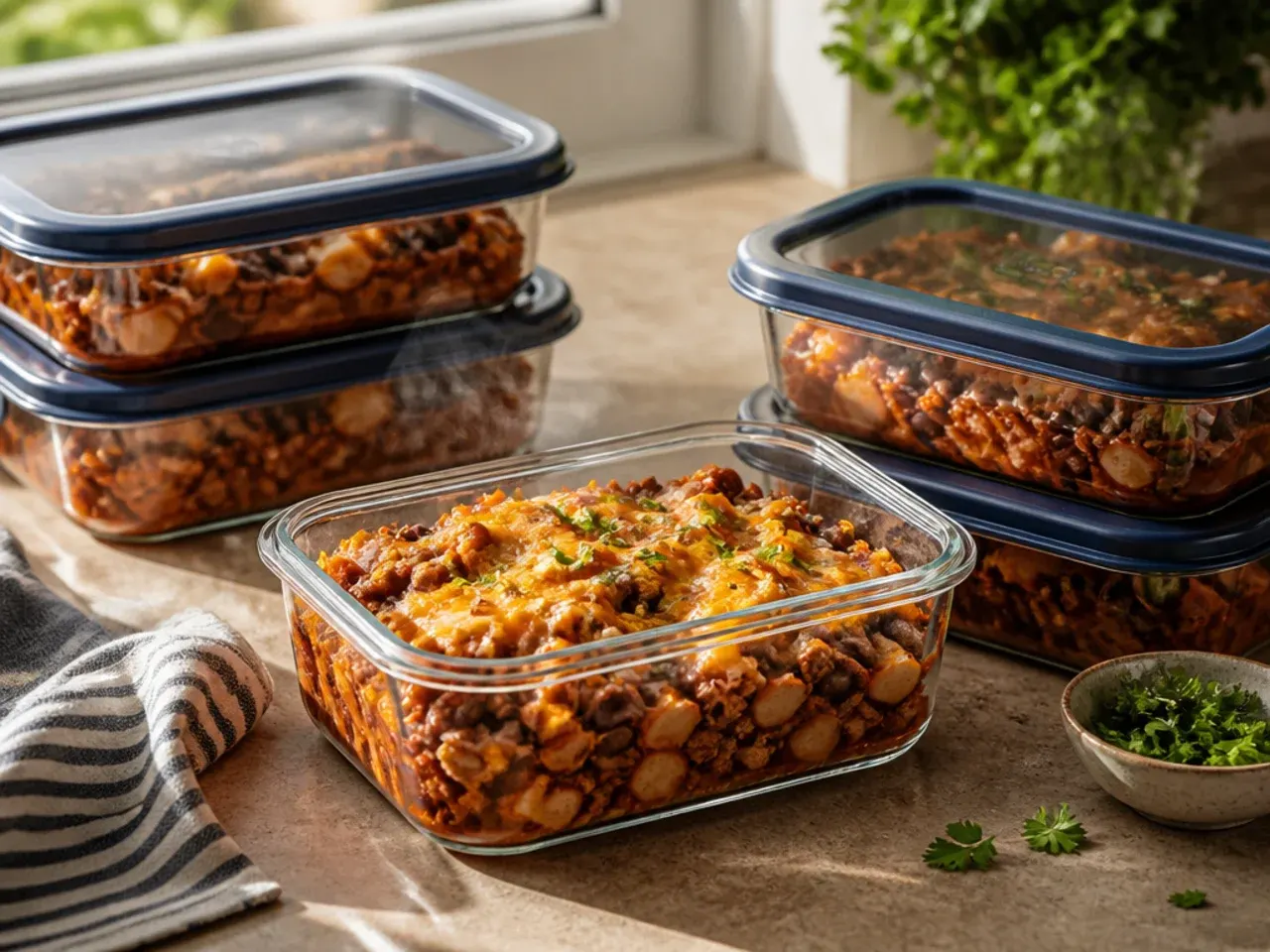 Portion of leftover cowboy casserole being reheated in the oven