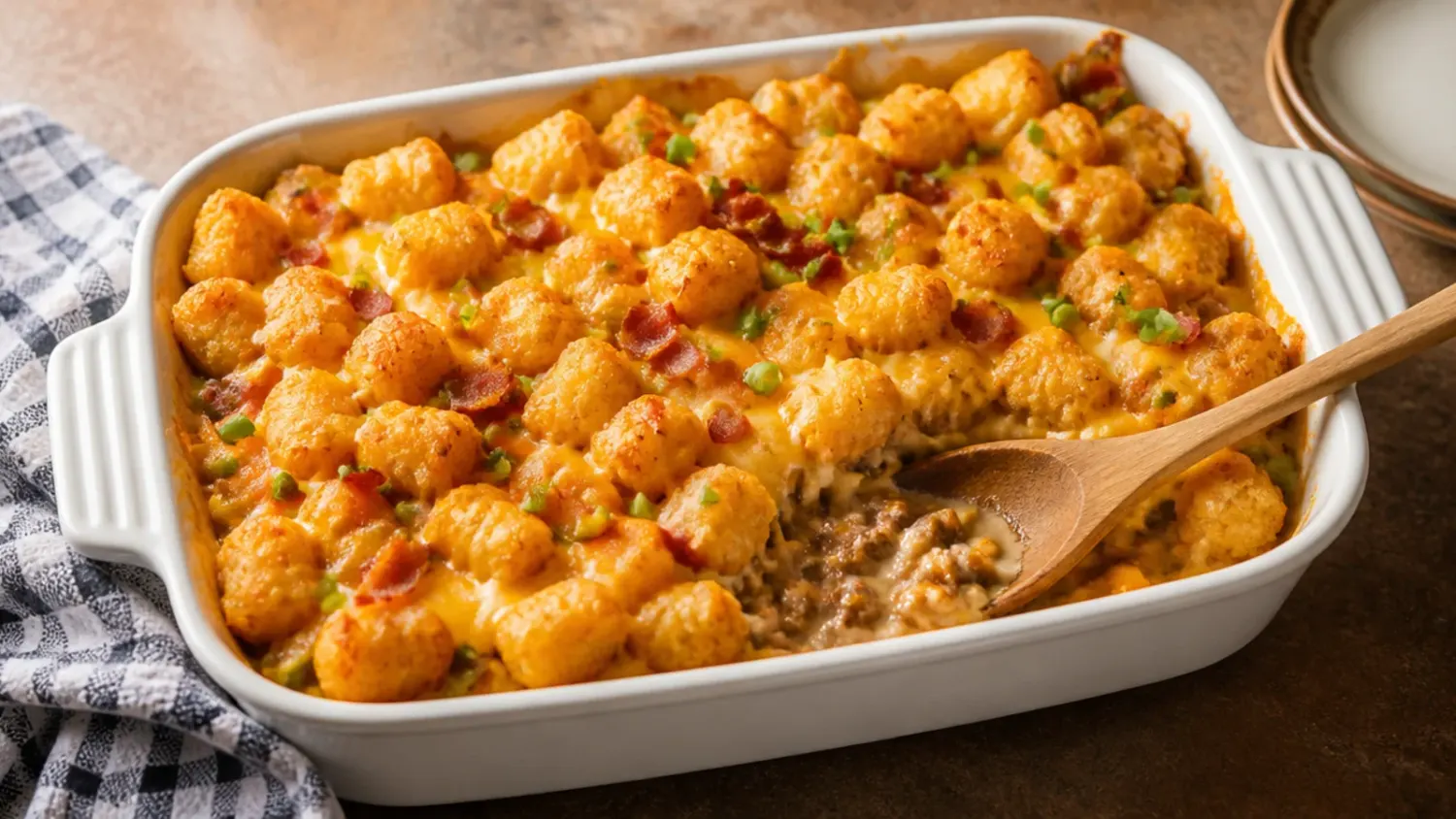 A bubbling cowboy casserole tater tots bake in a white dish, topped with crispy golden tater tots and melted cheese