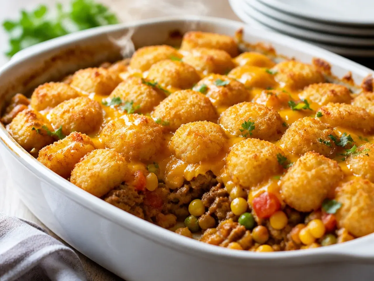 Overhead shot of cowboy casserole tater tots fresh out of the oven with melted cheese and crispy tots