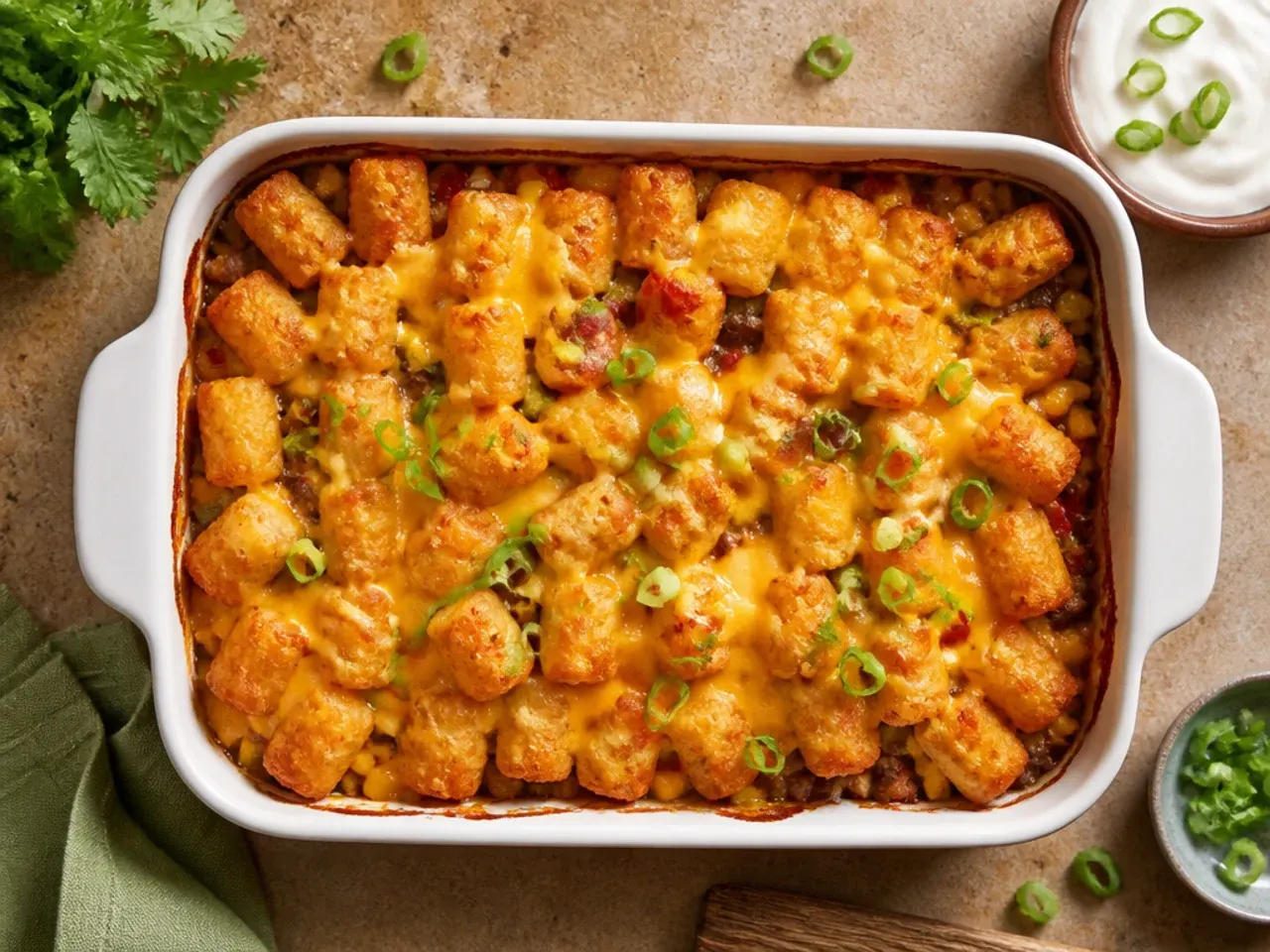 Classic cowboy casserole tater tots in a baking dish with a single even layer of golden tots