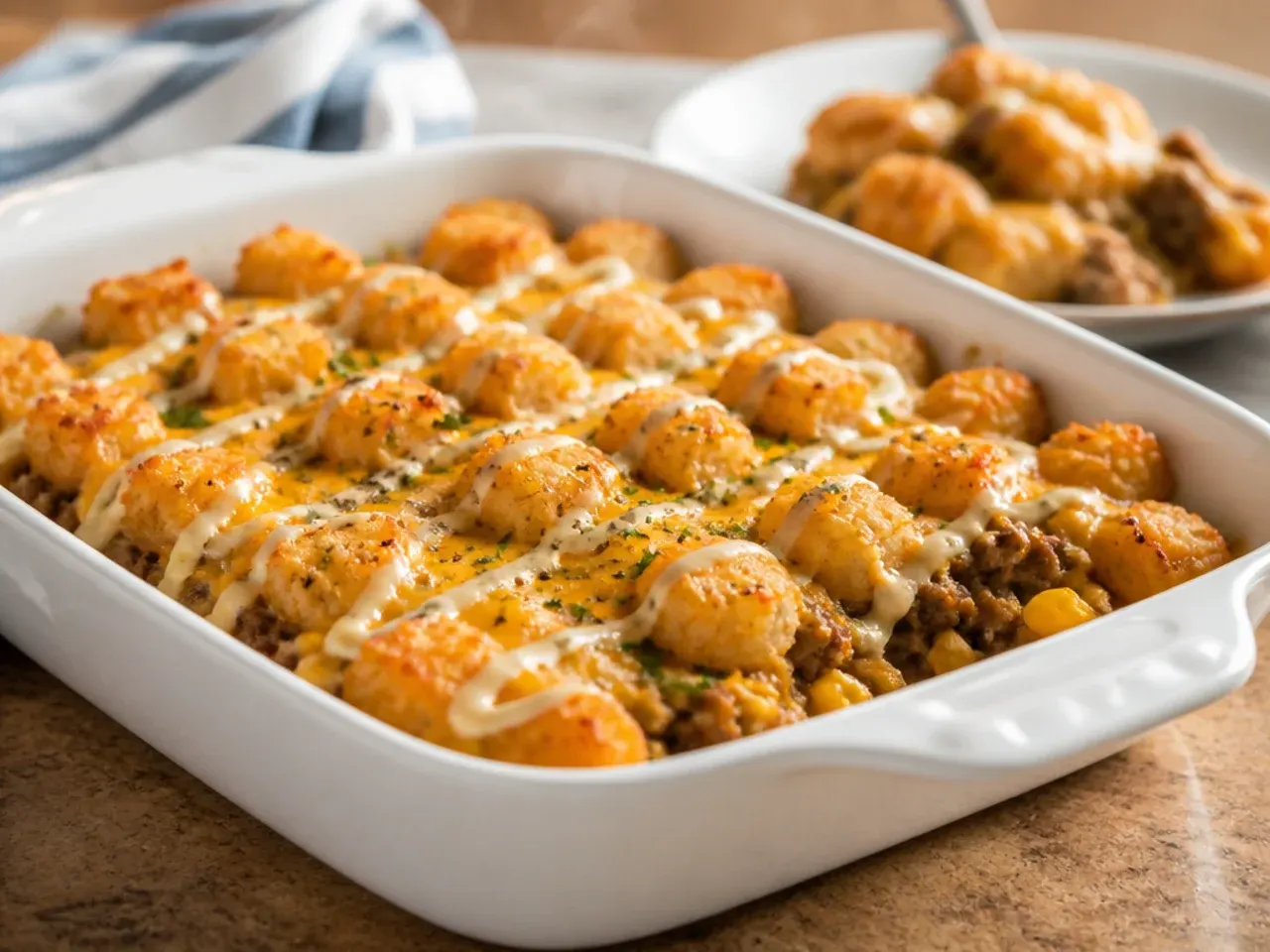 Quick weeknight cowboy casserole tater tots assembled in one baking dish
