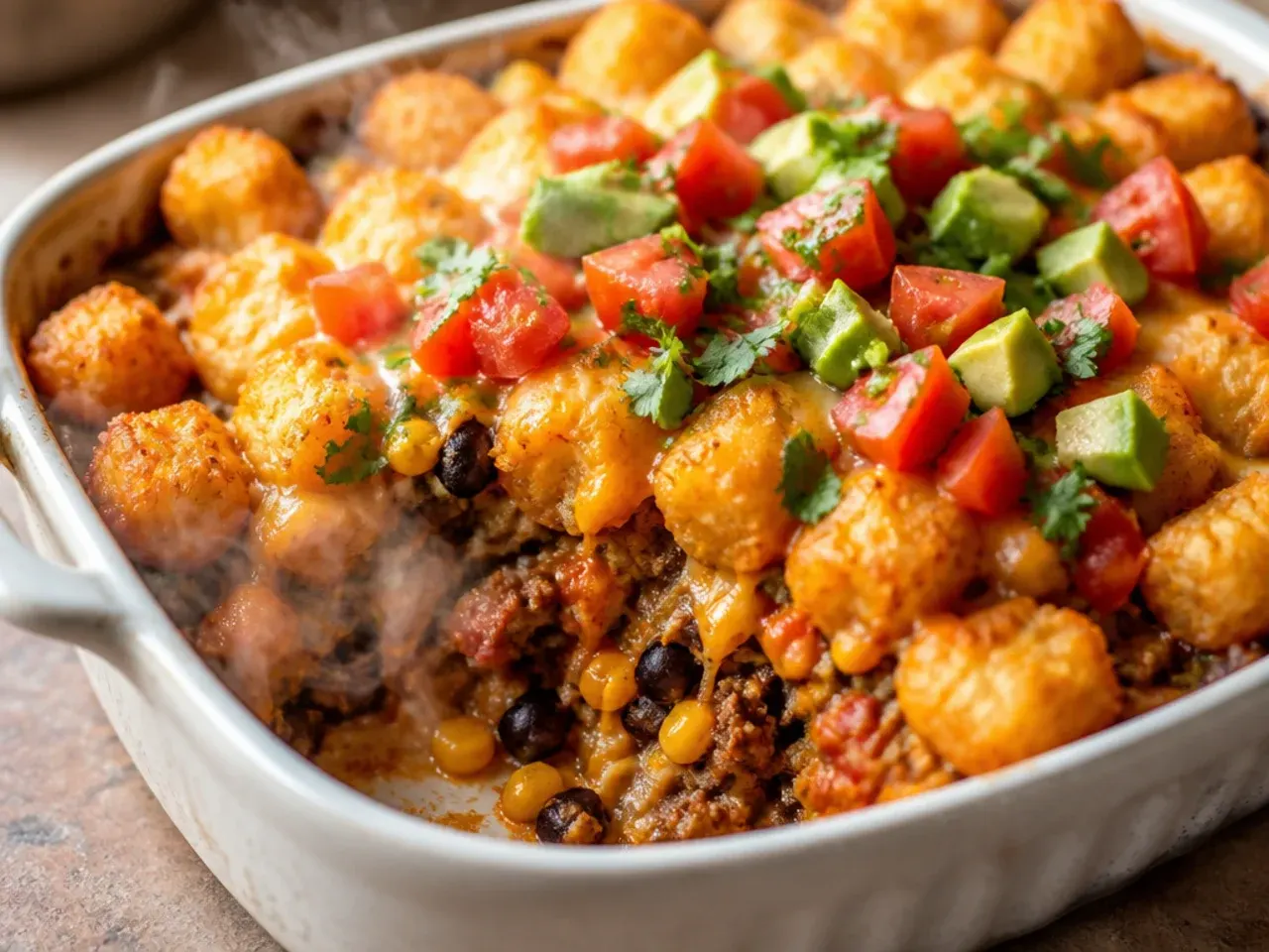Rich, saucy cowboy casserole tater tots served in a rustic baking dish with crusty bread