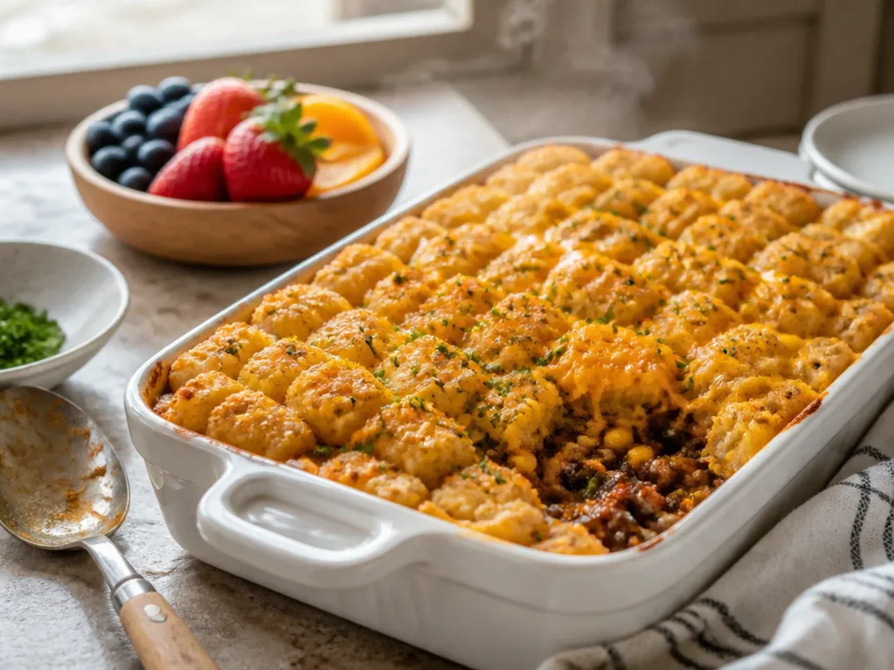 A simple five-ingredient cowboy casserole tater tots bake cooling on a wire rack