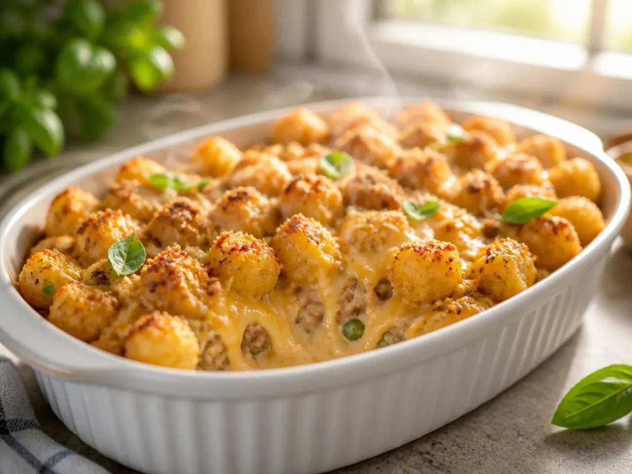 Creamy cowboy casserole tater tots with a rich sauce visible at the edges of the dish