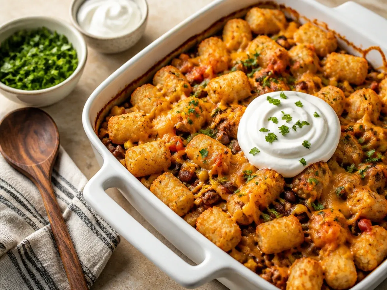 Loaded cowboy casserole tater tots topped with bacon bits, jalapenos and soured cream