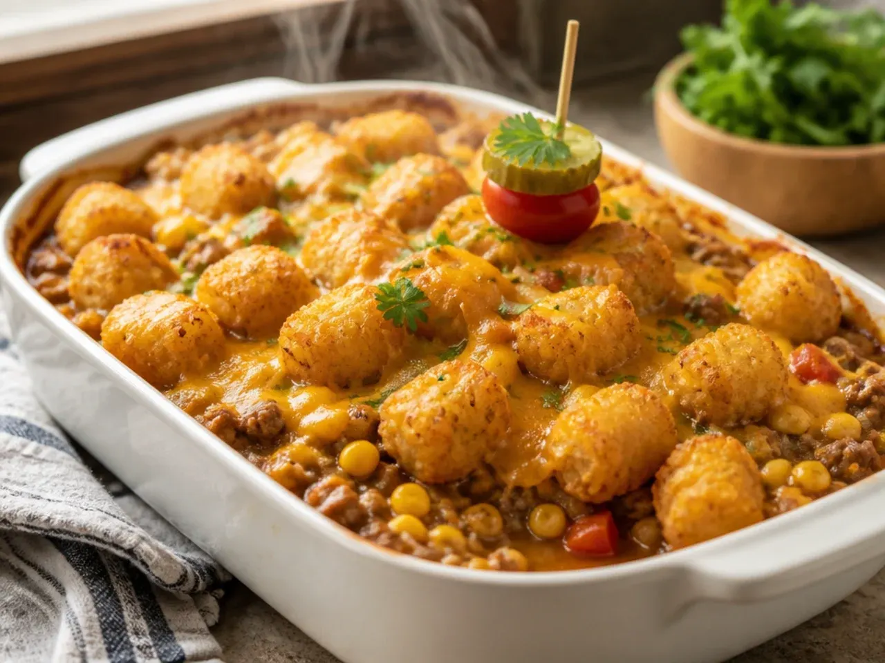 The ultimate loaded cowboy casserole tater tots with two types of cheese and crispy bacon
