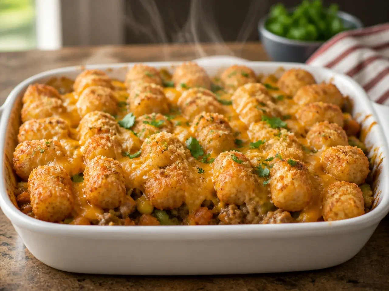 Extra cheesy cowboy casserole tater tots with a thick, stretchy melted cheese topping