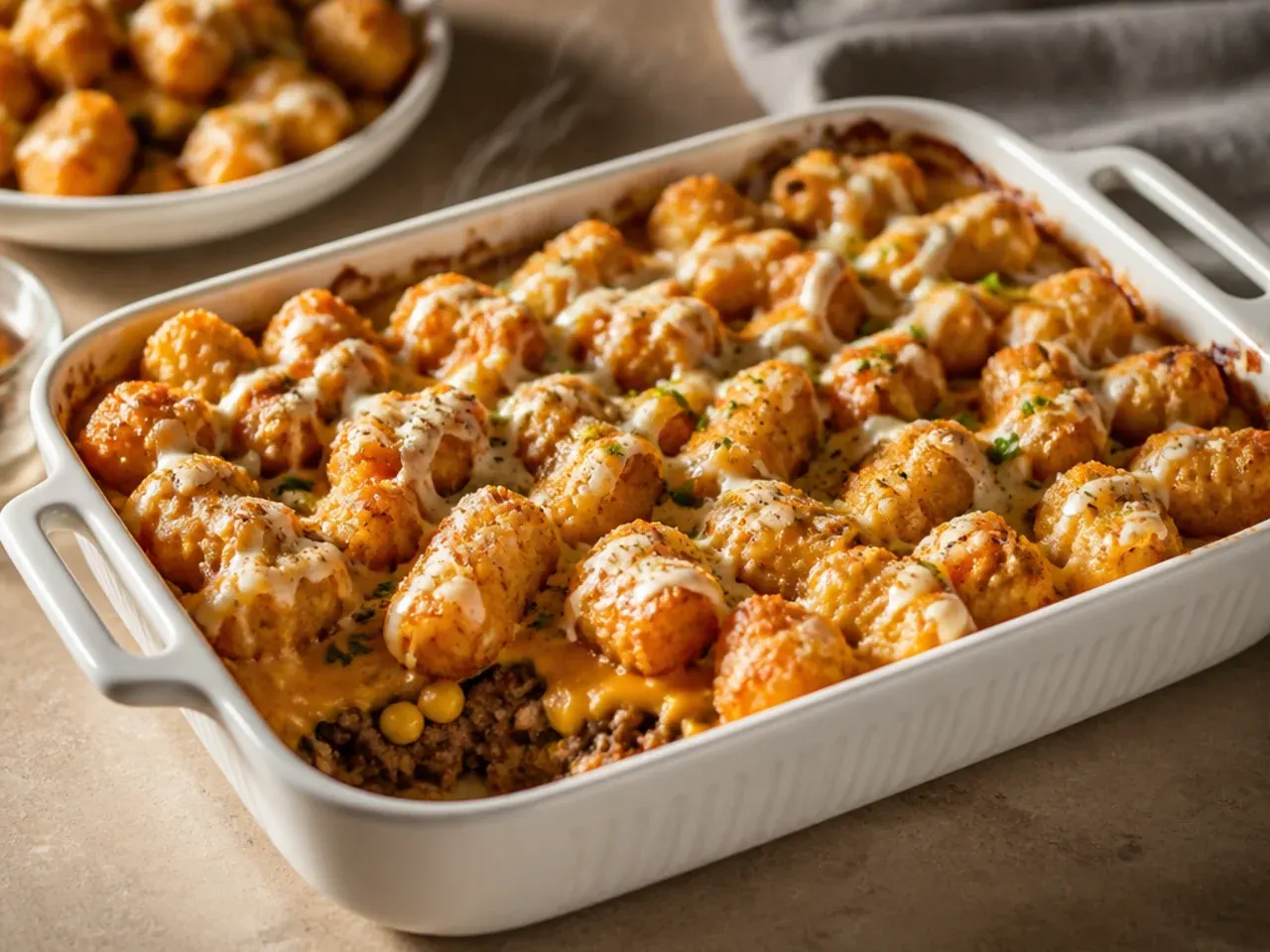 A large family-size dish of cowboy casserole tater tots ready to serve a crowd