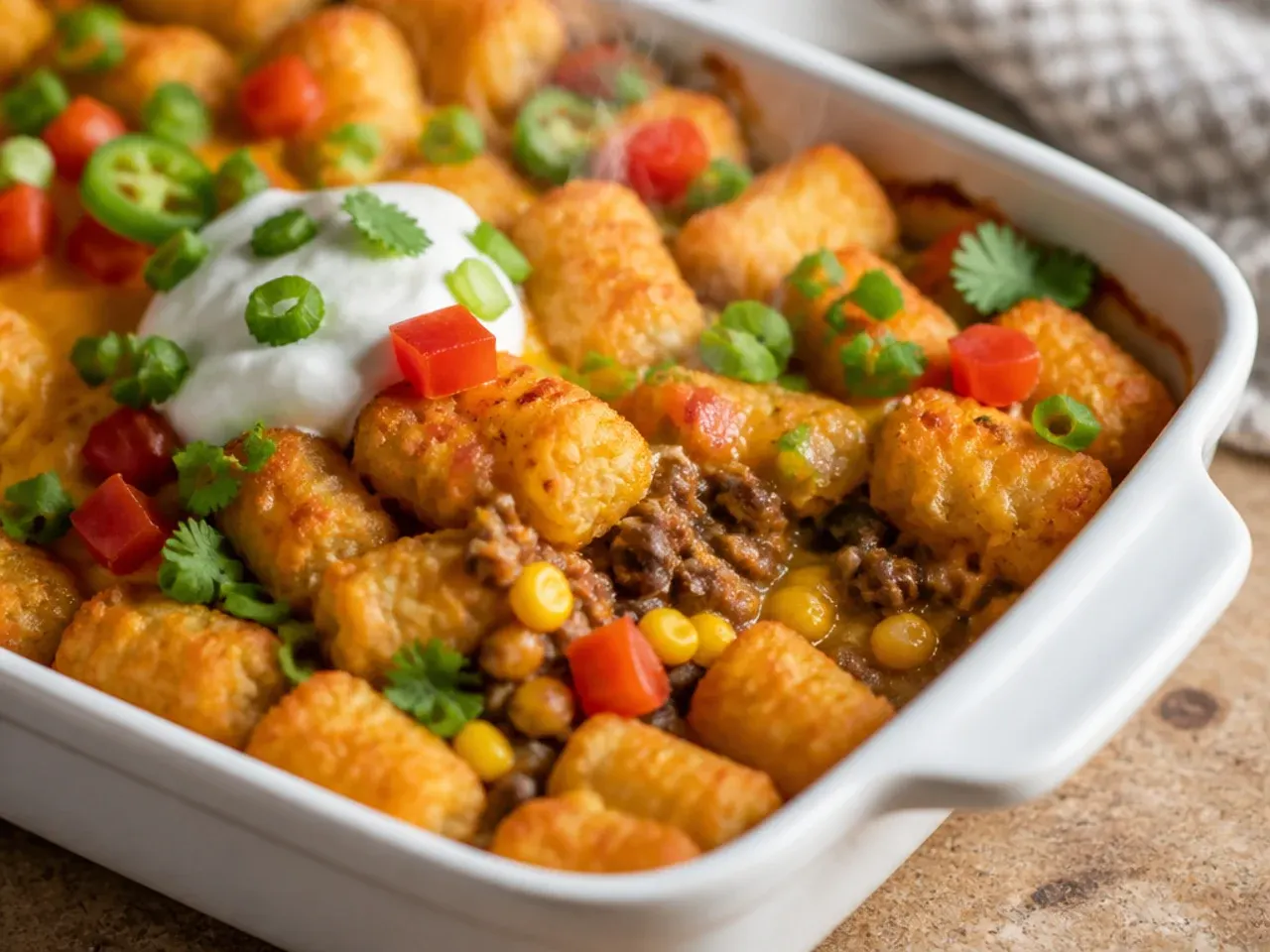 A container of make-ahead cowboy casserole filling next to a bag of frozen tater tots