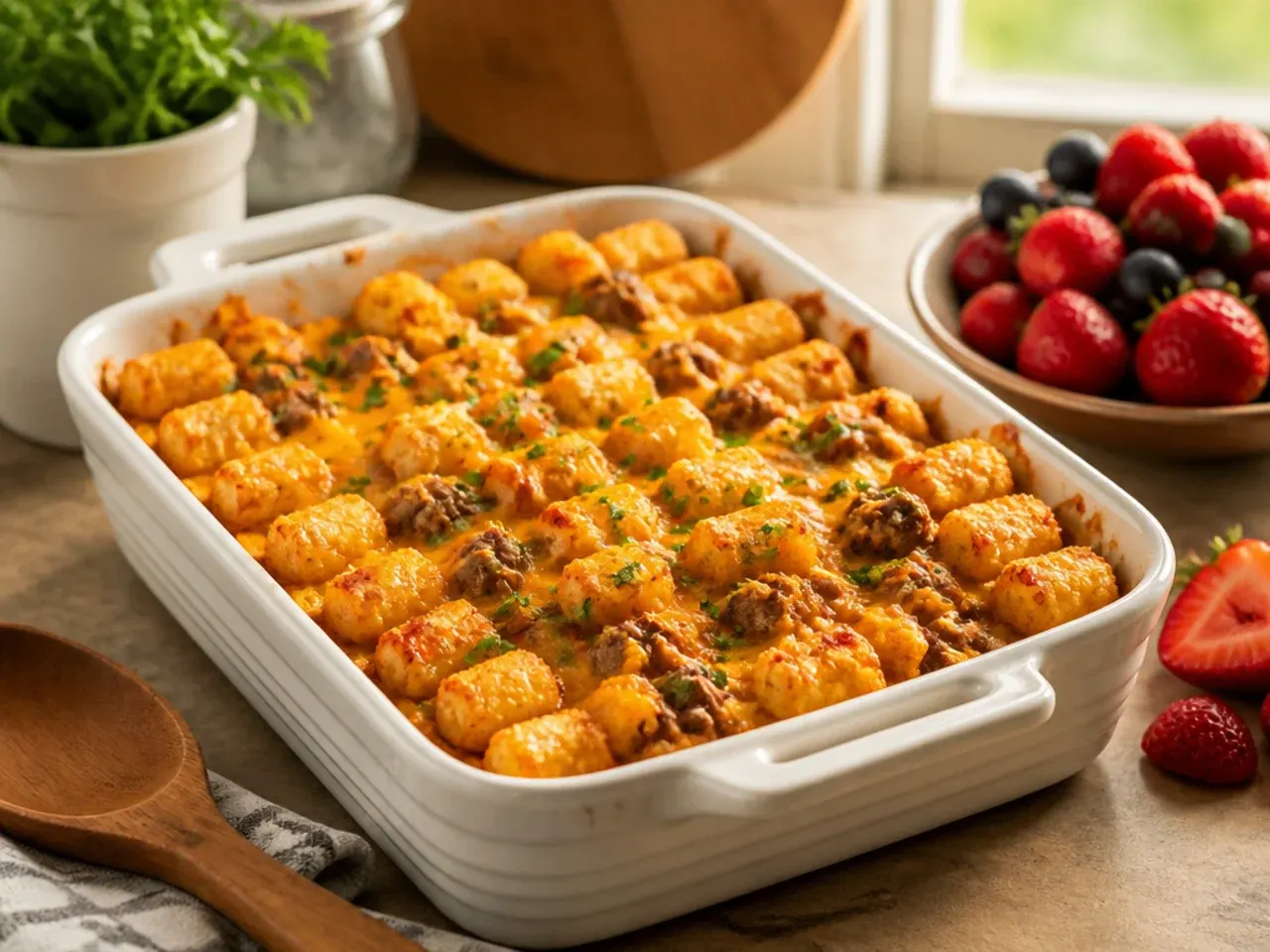 A family-friendly mild cowboy casserole tater tots bake with neatly arranged tots on top