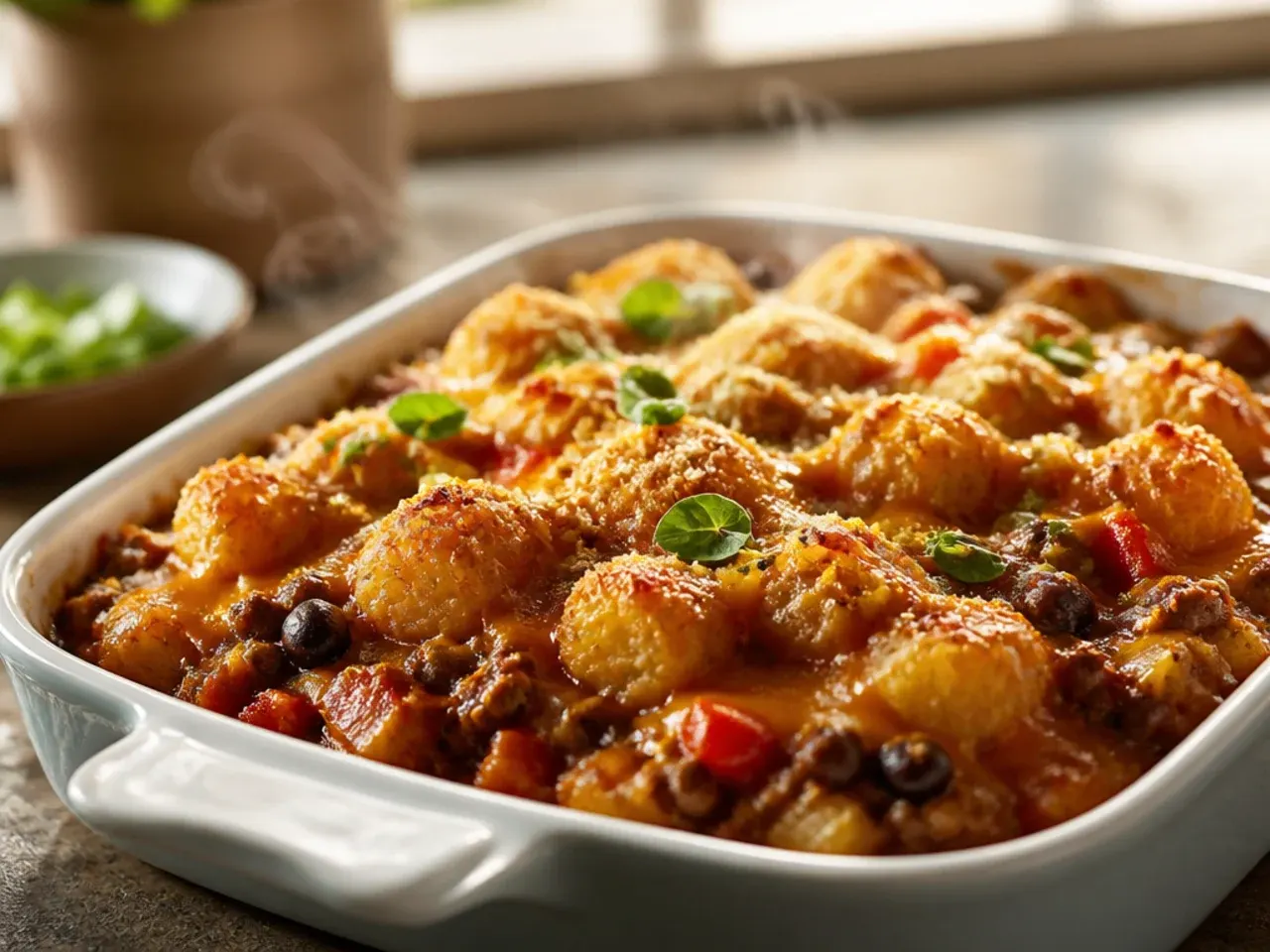 A festive cowboy casserole tater tots bake garnished with fresh herbs and colourful peppers