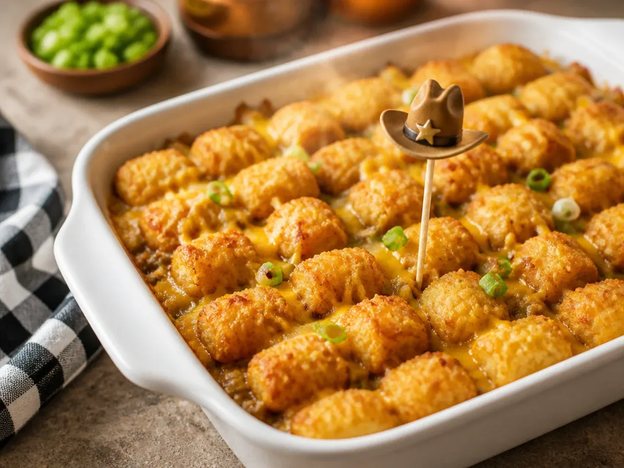 Homemade tater tots being arranged over a beef and bean casserole filling