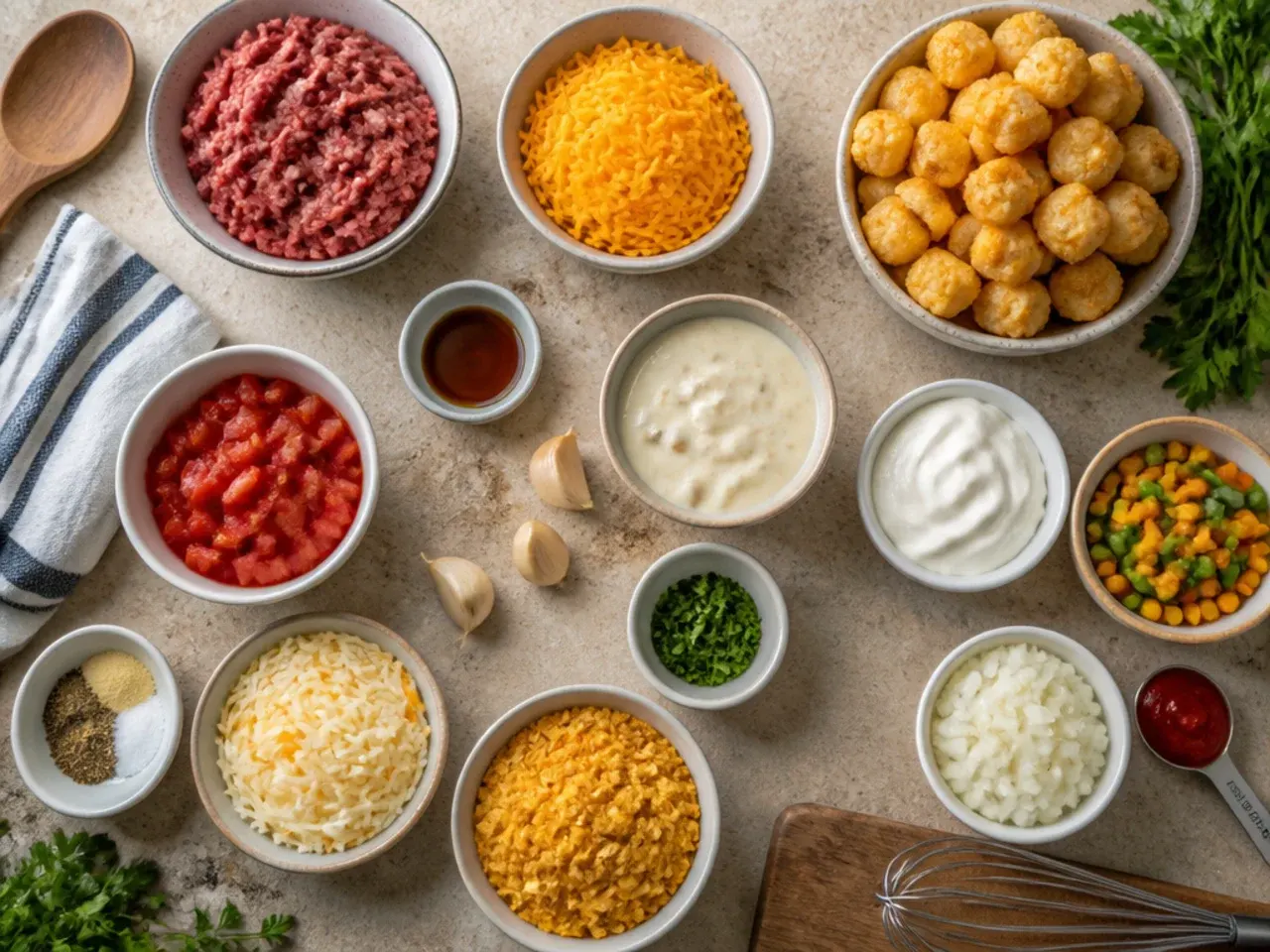 Close-up of golden, crispy tater tots on top of a finished cowboy casserole