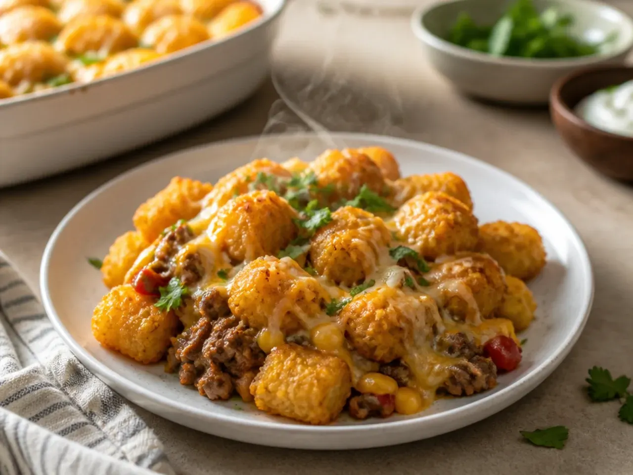A plated serving of cowboy casserole tater tots with a side salad and soured cream