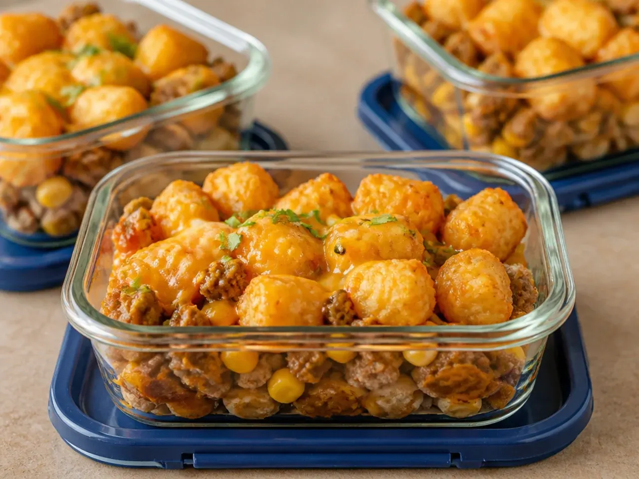 Leftover cowboy casserole tater tots portioned into containers for freezing