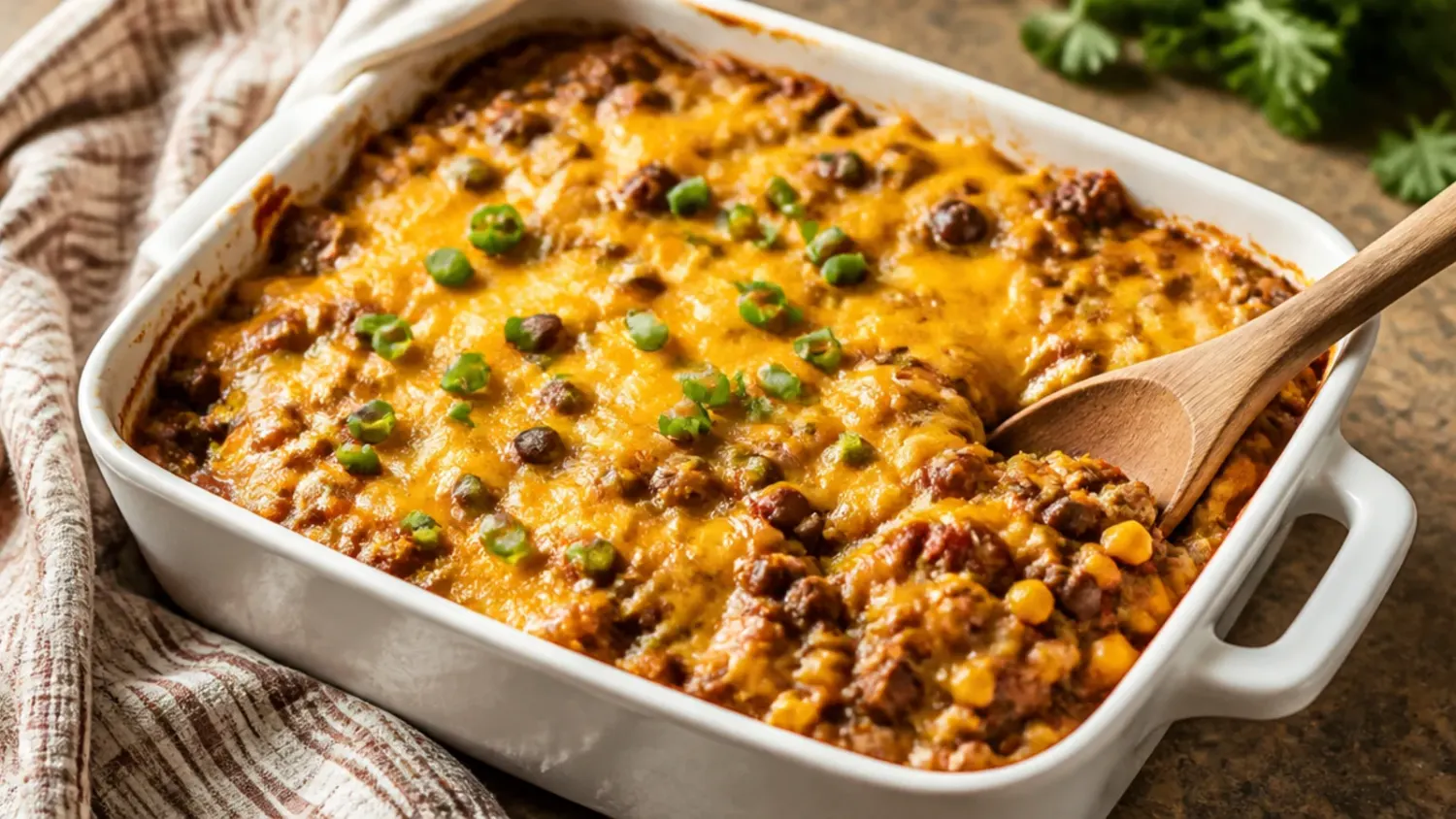 A bubbling cowboy casserole fresh from the oven with golden crispy tater tots and melted cheddar cheese on top