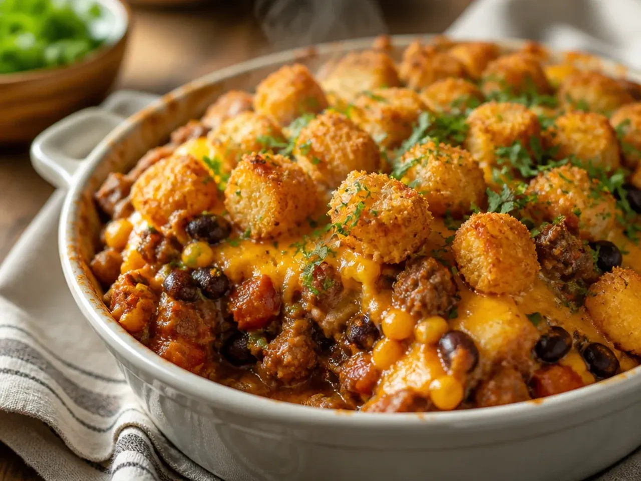 Overhead shot of a full cowboy casserole dish with a golden tater tot topping and a serving spoon resting in it