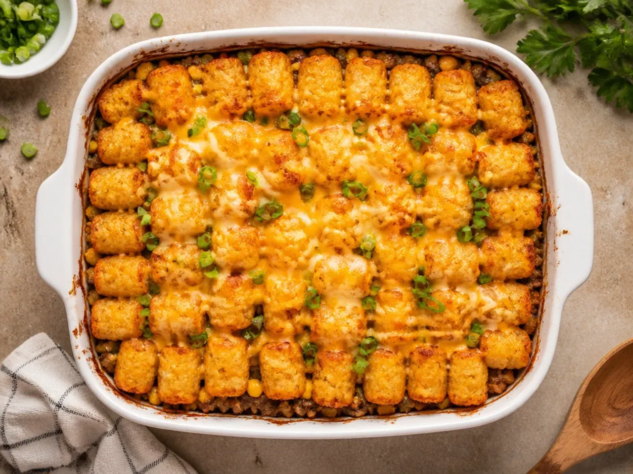 Close-up of classic cowboy casserole with crispy golden tater tots and melted cheddar