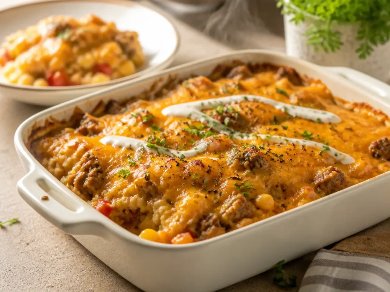 Simple five-ingredient cowboy casserole in a baking dish before going into the oven
