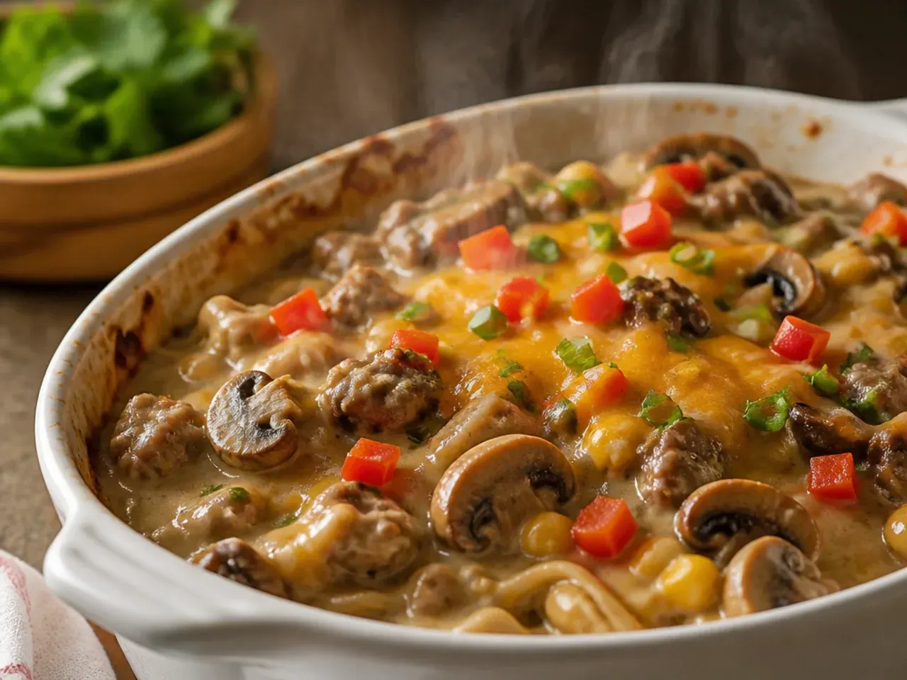 Cozy cream of mushroom cowboy casserole with visible sautéed mushroom pieces in the sauce