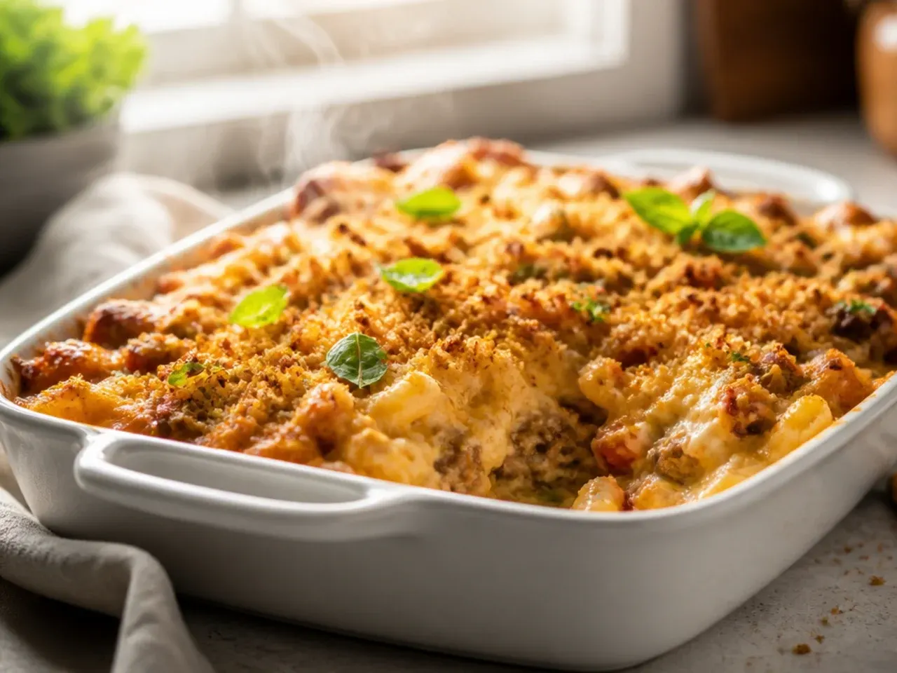 Creamy cheddar soup cowboy casserole with a rich orange sauce beneath the tater tot topping
