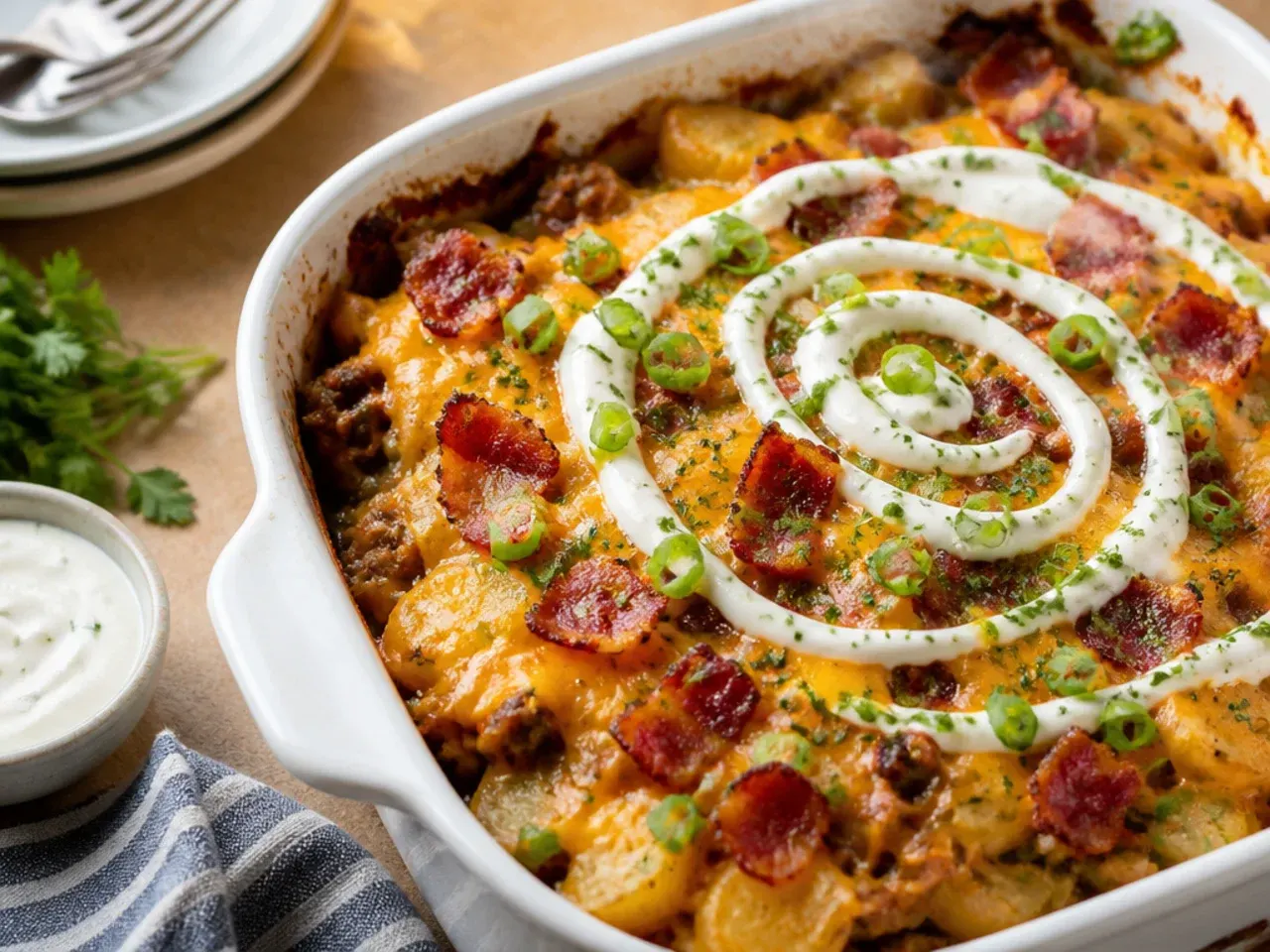 Loaded cowboy casserole topped with crumbled bacon, melted cheese and golden tater tots