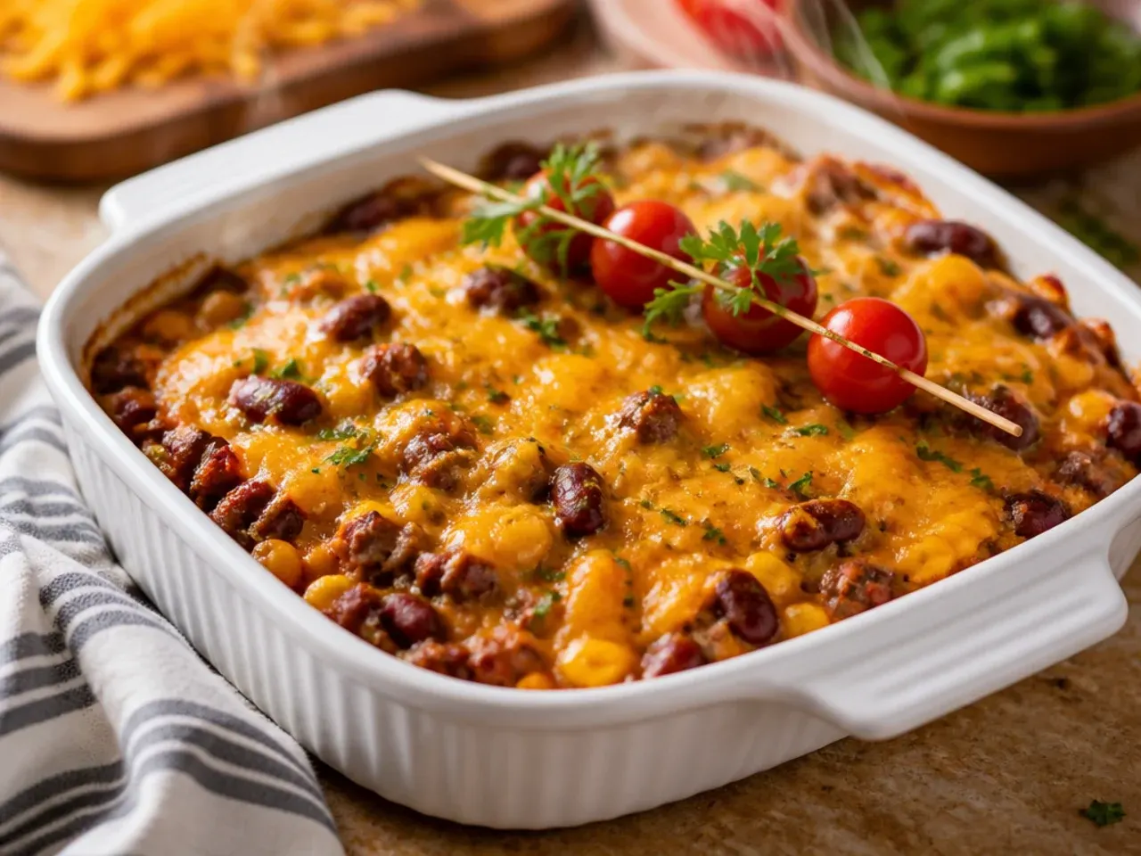 Best-ever double cheese cowboy casserole with cheese pull visible between the beef layer and tater tots