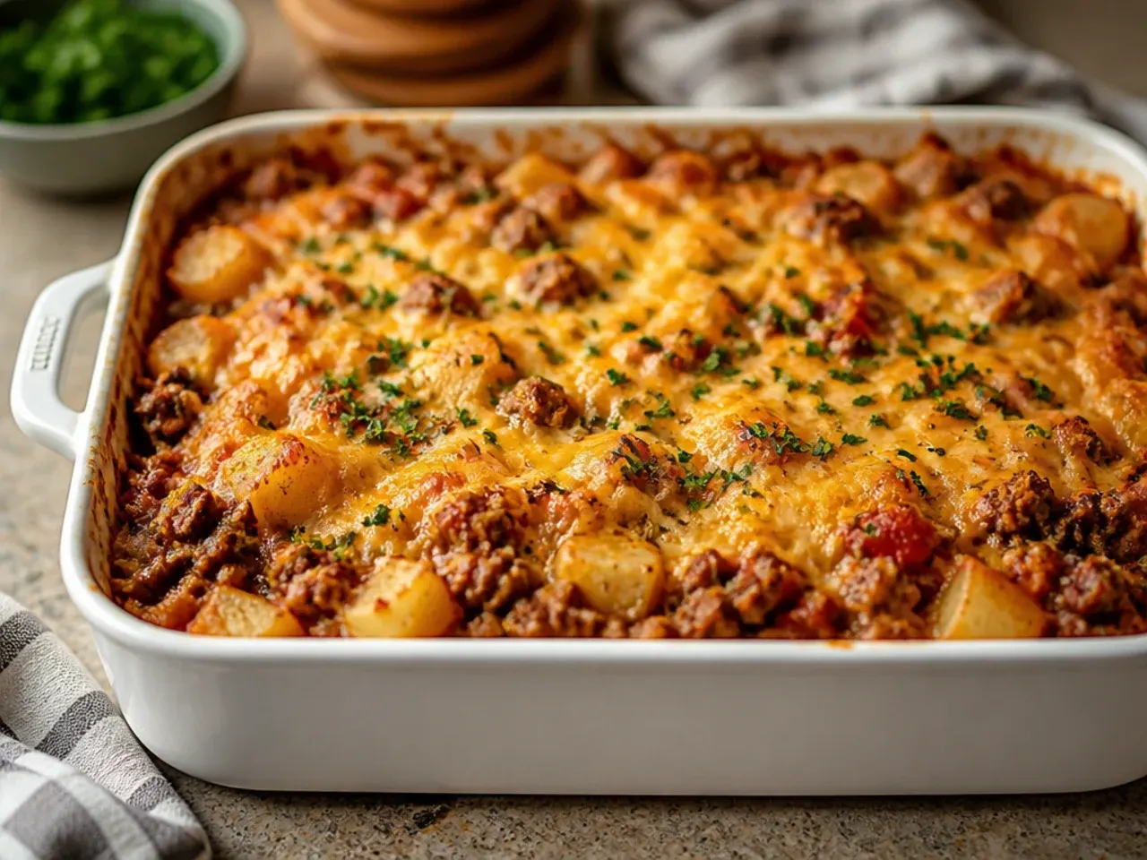 Extra cheesy cowboy casserole with a thick, golden, bubbling cheese layer on top