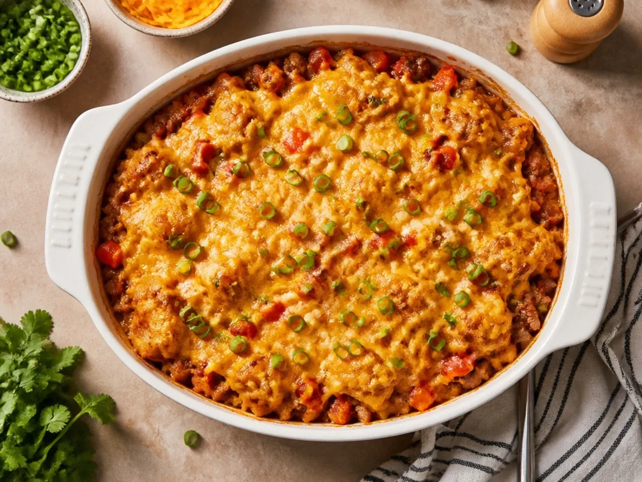 Budget cowboy casserole topped with golden shredded hash browns instead of tater tots