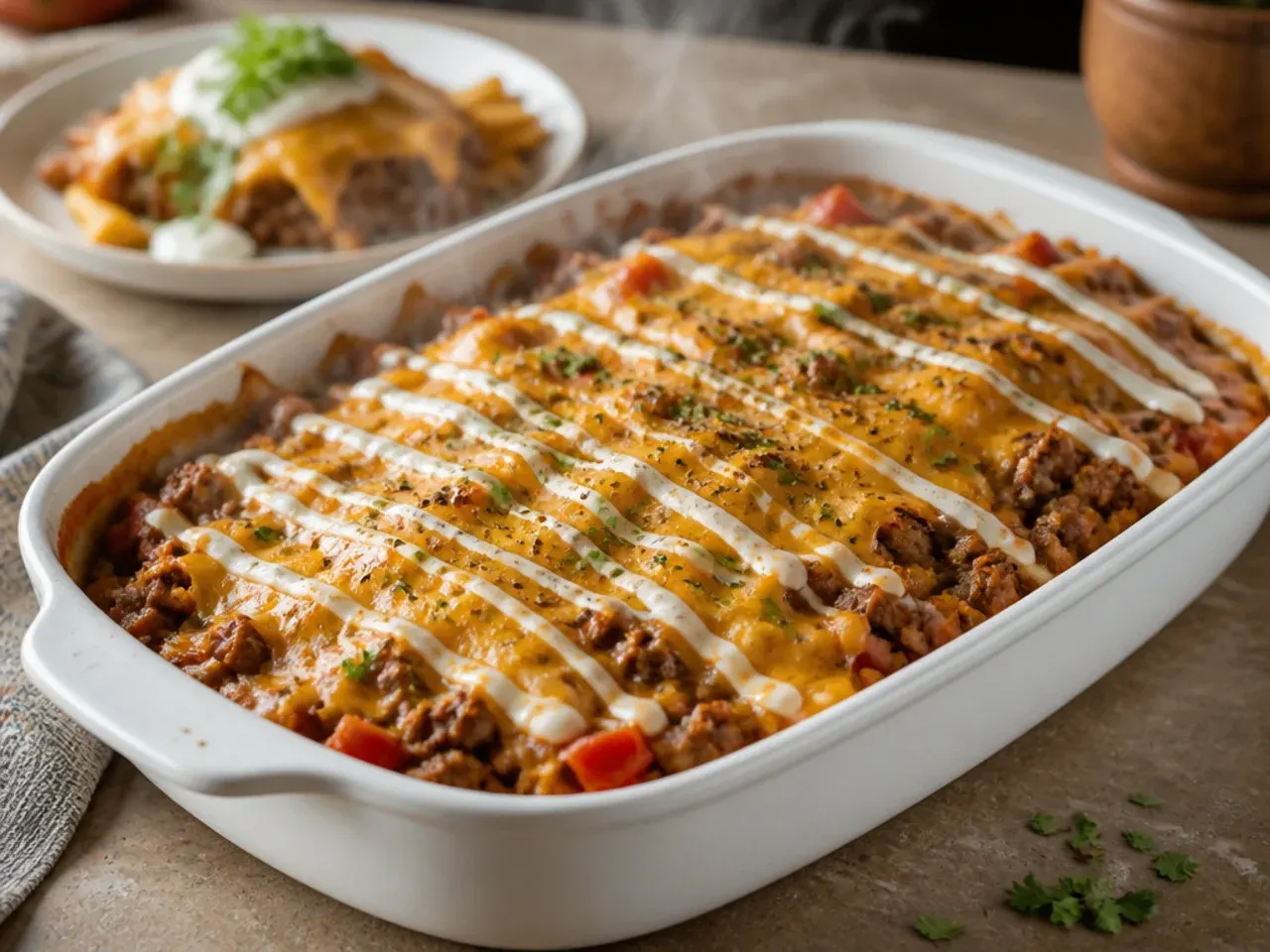 Large family-size cowboy casserole in a big baking dish, ready to serve a crowd