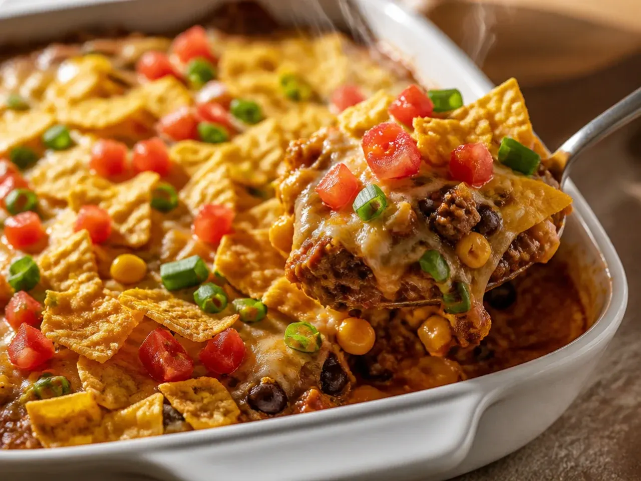Make-ahead cowboy casserole base covered in the fridge, ready to be topped with tater tots and baked