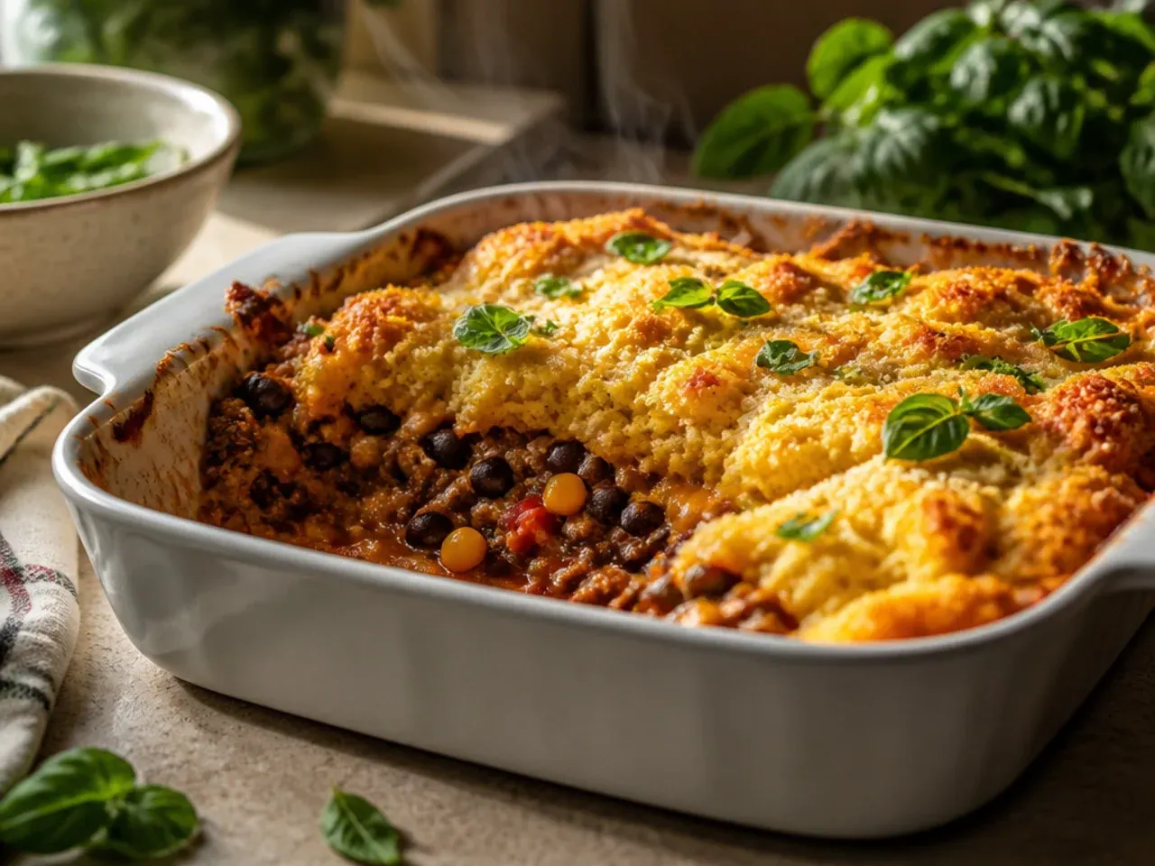 Festive cowboy casserole with a golden baked cornbread topping instead of tater tots