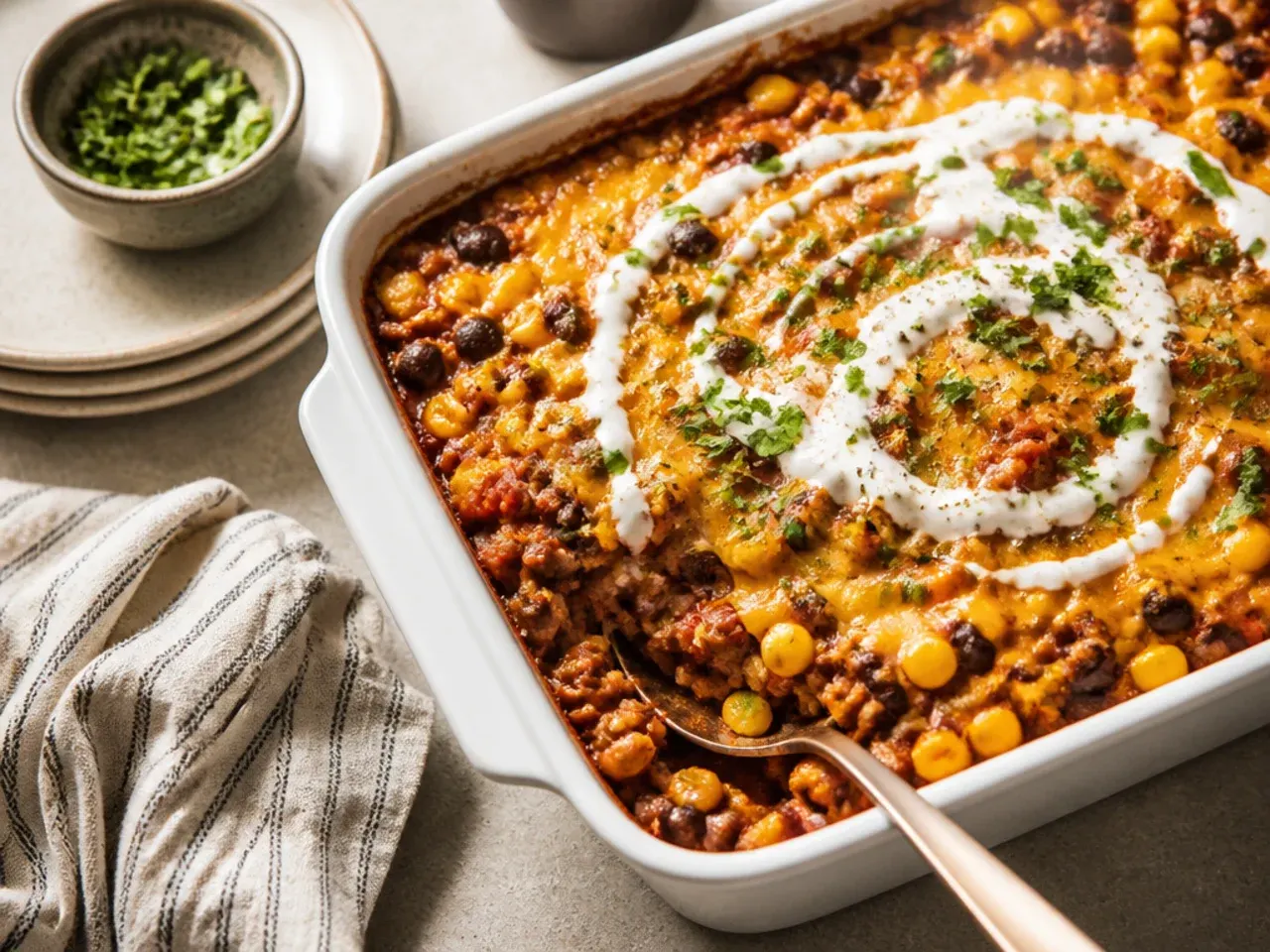 Quick cowboy casserole made with smaller tater tots, ready in under 30 minutes